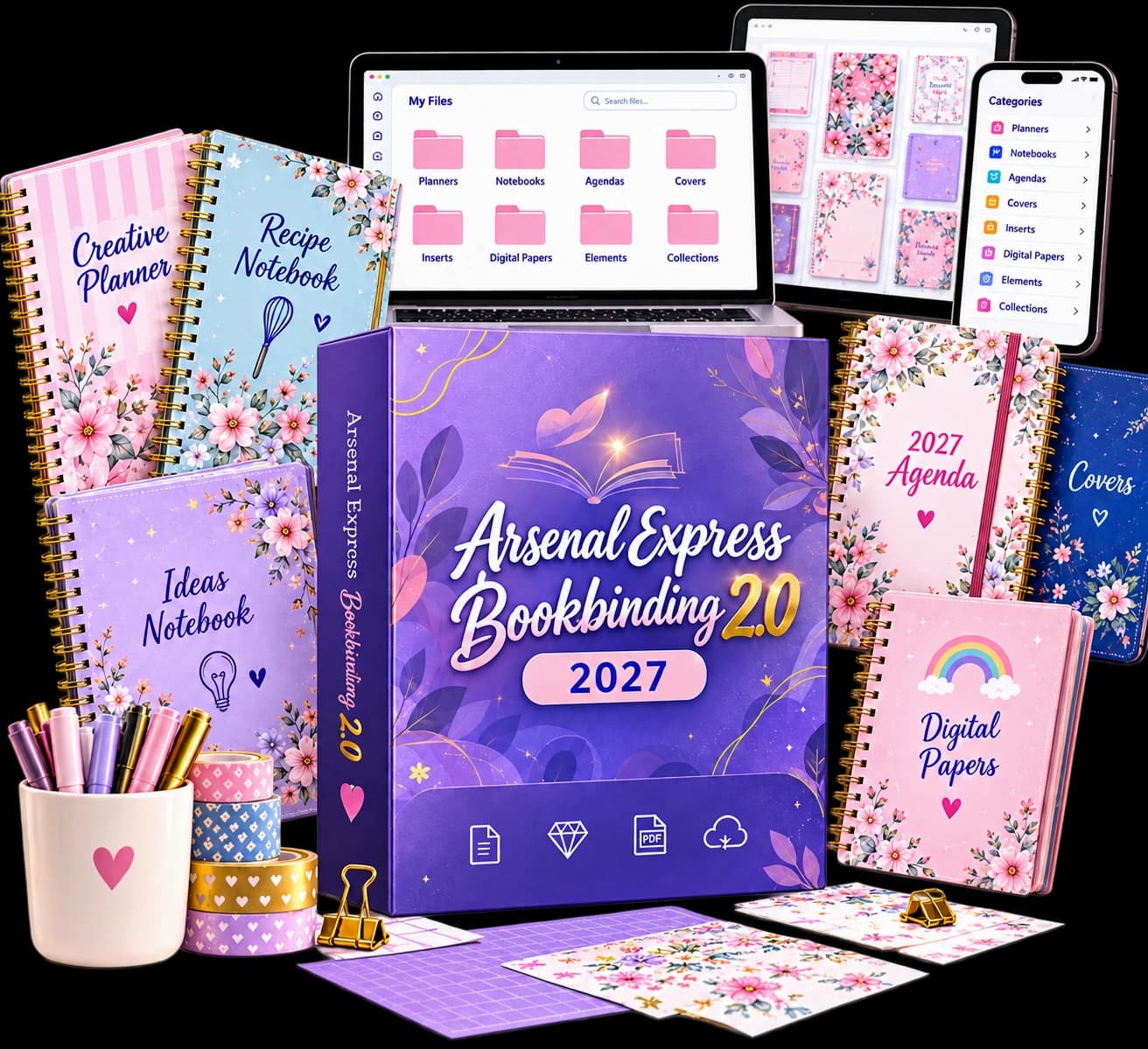 Arsenal Express Bookbinding 2.0 product mockup showing planners, notebooks and digital files